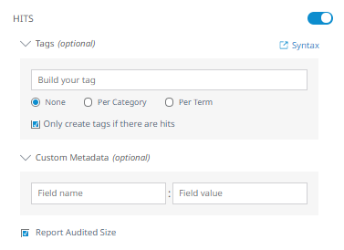 Hits window showing a selection of tags and custom metadata.